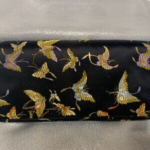 LORD & TAYLOR BLACK SATIN-LIKE EMBROIDERED BUTTERFLY CLUTCH PURSE NWT